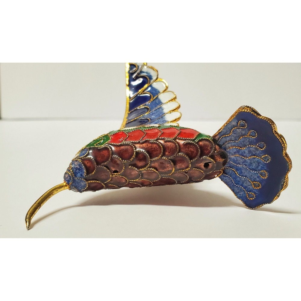Enameled Cloisonne Christmas Ornament Hummingbird Gold Edge Feathers Multicolor - Picture 9 of 13